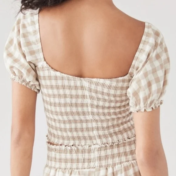 NEW Peixoto Smocked Cream and Tan Gingham Checkered Crop Top Large - Picture 5 of 10